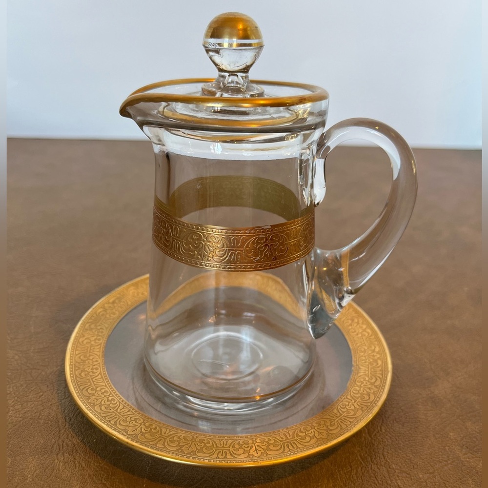 Rare Find Tiffin Glass Gilded Lidded Syrup Pitcher w Saucer, early 20th Century